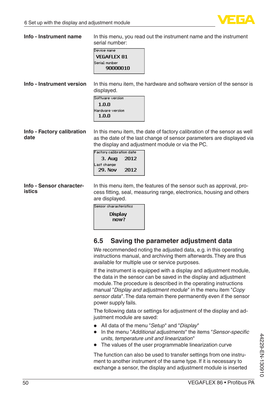 5 saving the parameter adjustment data | VEGA VEGAFLEX 86 Profibus PA Coax probe User Manual | Page 50 / 92