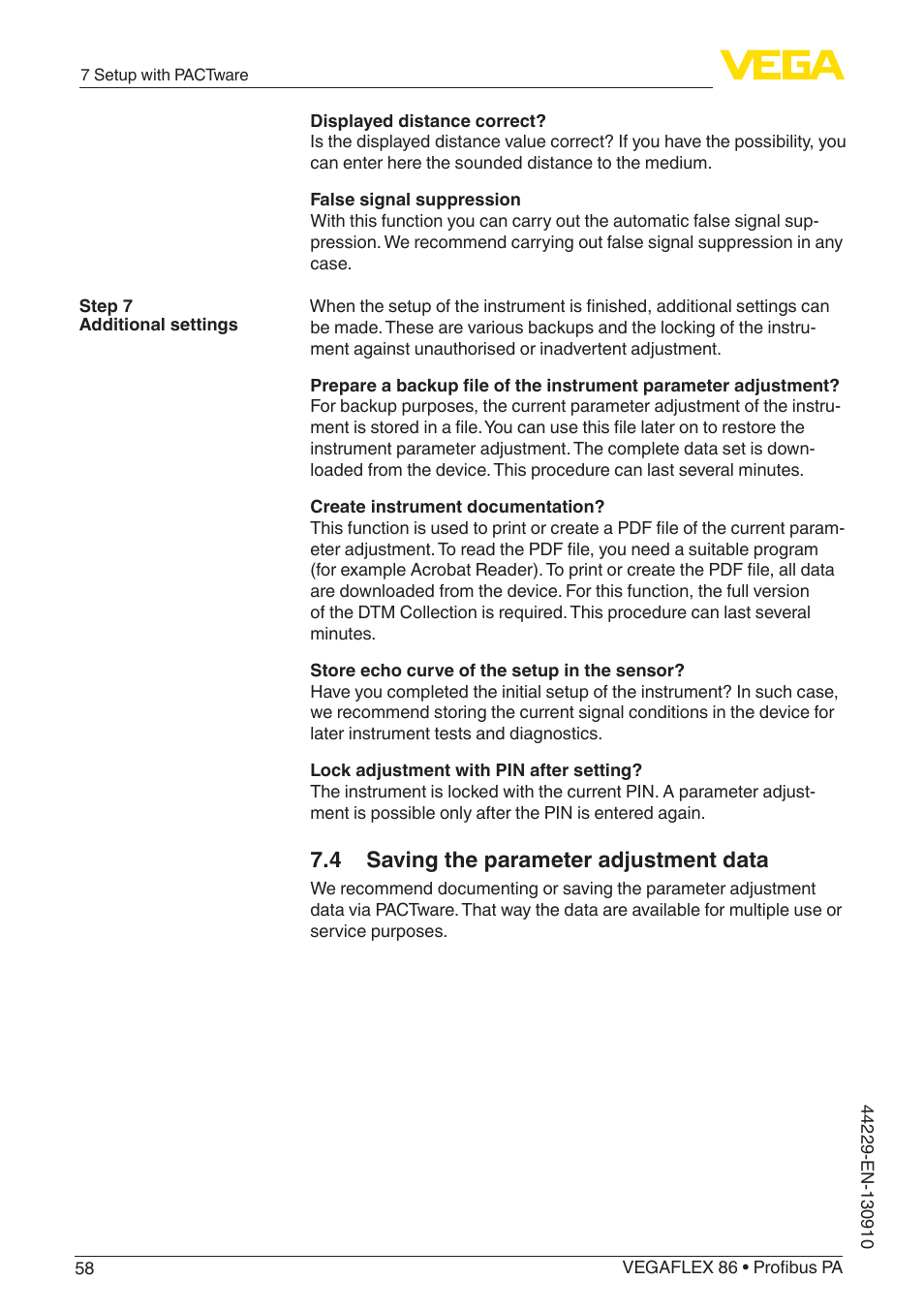 4 saving the parameter adjustment data | VEGA VEGAFLEX 86 Profibus PA Coax probe User Manual | Page 58 / 92
