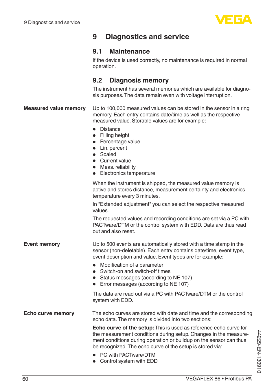 9 diagnostics and service, 1 maintenance, 2 diagnosis memory | VEGA VEGAFLEX 86 Profibus PA Coax probe User Manual | Page 60 / 92