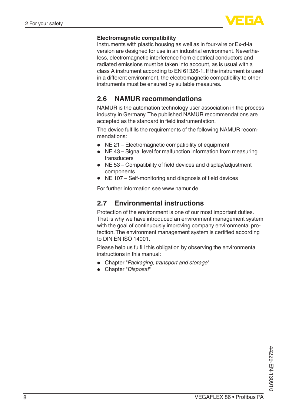 6 namur recommendations, 7 environmental instructions | VEGA VEGAFLEX 86 Profibus PA Coax probe User Manual | Page 8 / 92