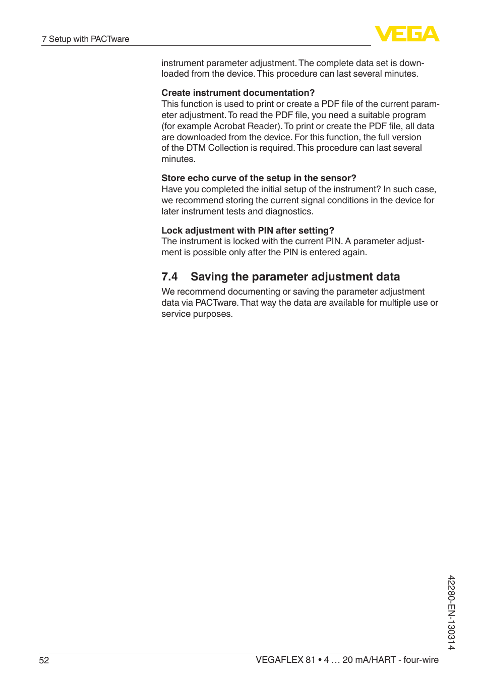 4 saving the parameter adjustment data | VEGA VEGAFLEX 81 4 … 20 mA_HART - four-wire Coax probe User Manual | Page 52 / 80