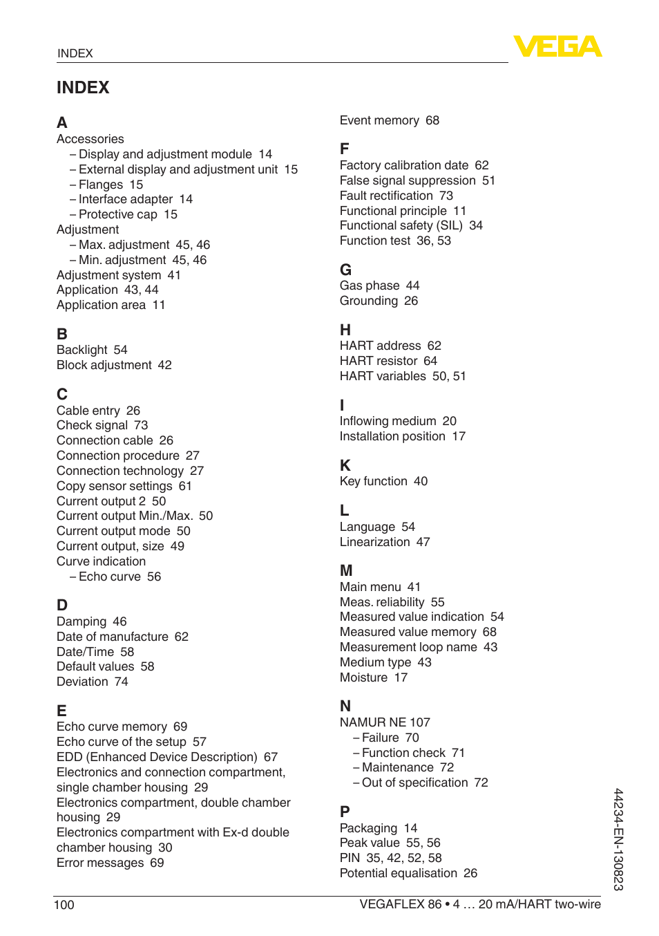 Index | VEGA VEGAFLEX 86 4 … 20 mA_HART two-wire Rod and cable probe With SIL qualification User Manual | Page 100 / 104