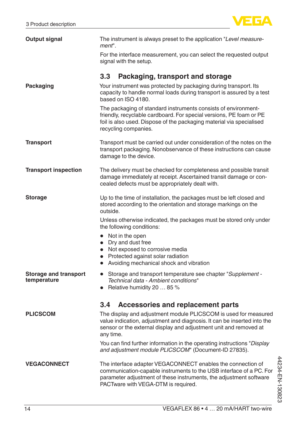 3 packaging, transport and storage, 4 accessories and replacement parts | VEGA VEGAFLEX 86 4 … 20 mA_HART two-wire Rod and cable probe With SIL qualification User Manual | Page 14 / 104