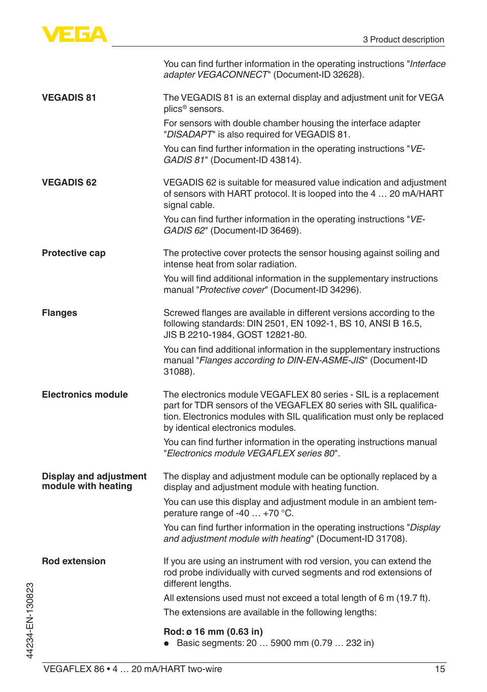 VEGA VEGAFLEX 86 4 … 20 mA_HART two-wire Rod and cable probe With SIL qualification User Manual | Page 15 / 104