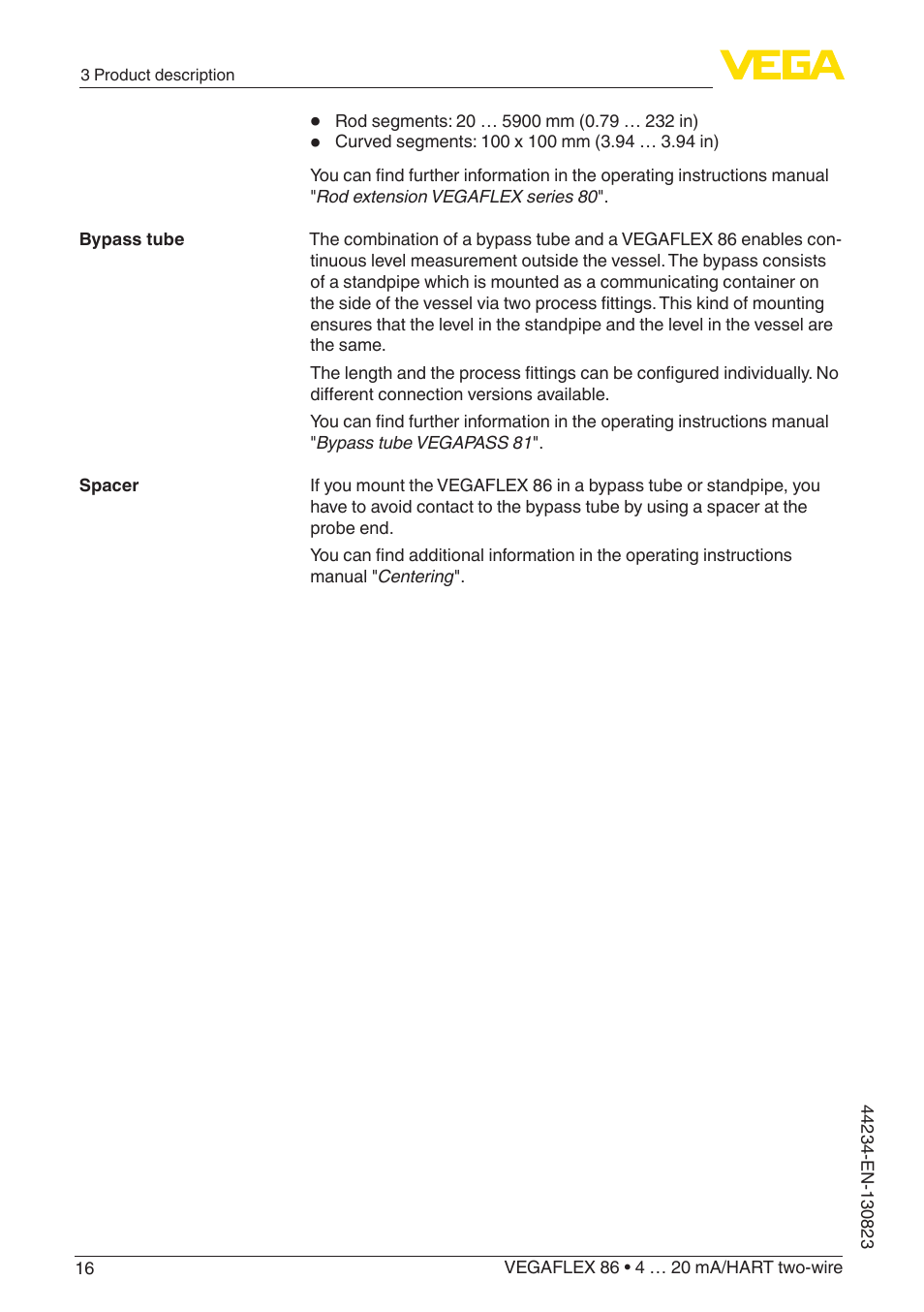 VEGA VEGAFLEX 86 4 … 20 mA_HART two-wire Rod and cable probe With SIL qualification User Manual | Page 16 / 104