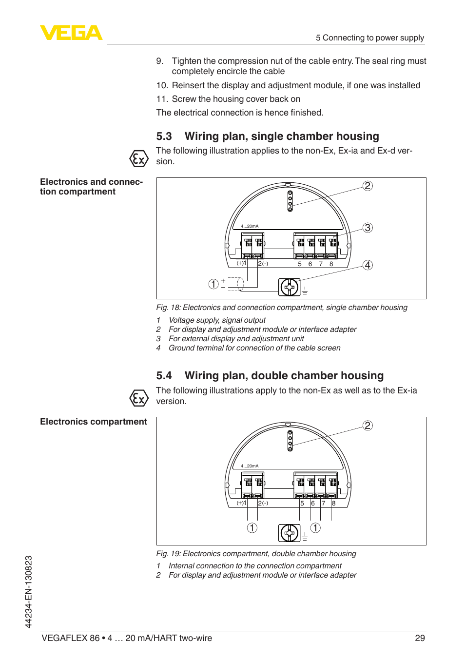 3 wiring plan, single chamber housing, 4 wiring plan, double chamber housing | VEGA VEGAFLEX 86 4 … 20 mA_HART two-wire Rod and cable probe With SIL qualification User Manual | Page 29 / 104