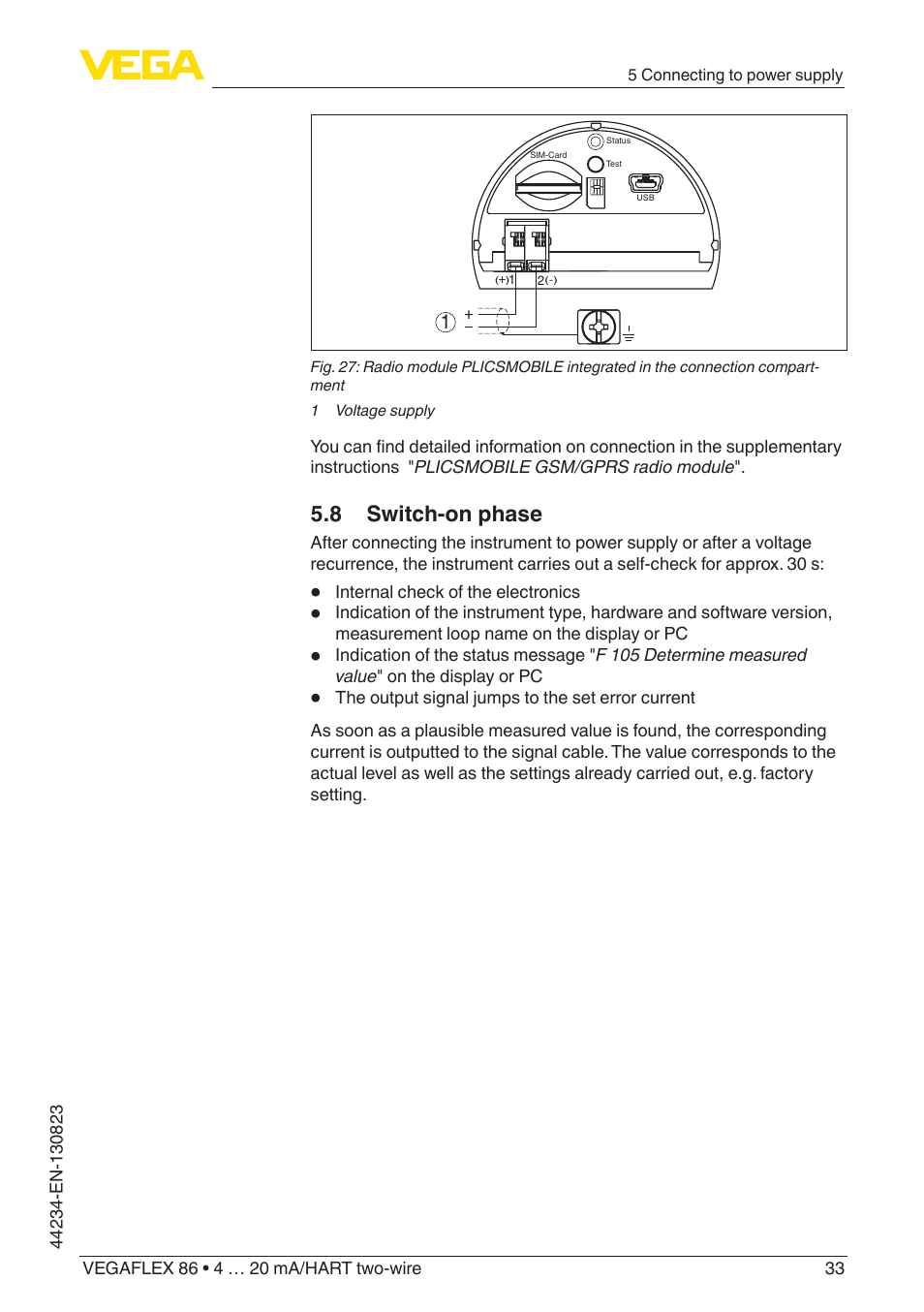 8 switch-on phase | VEGA VEGAFLEX 86 4 … 20 mA_HART two-wire Rod and cable probe With SIL qualification User Manual | Page 33 / 104