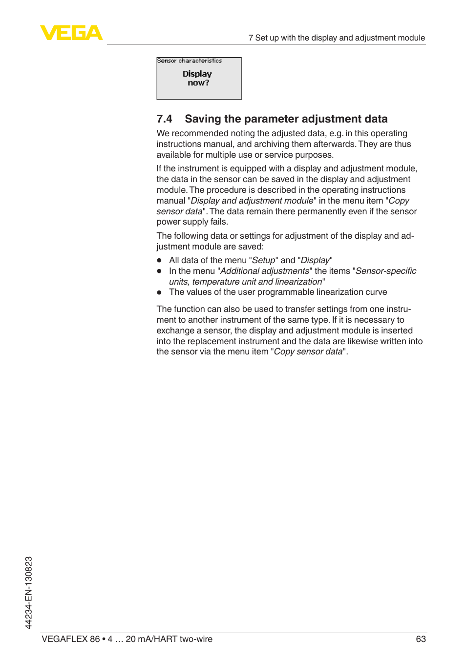 4 saving the parameter adjustment data | VEGA VEGAFLEX 86 4 … 20 mA_HART two-wire Rod and cable probe With SIL qualification User Manual | Page 63 / 104