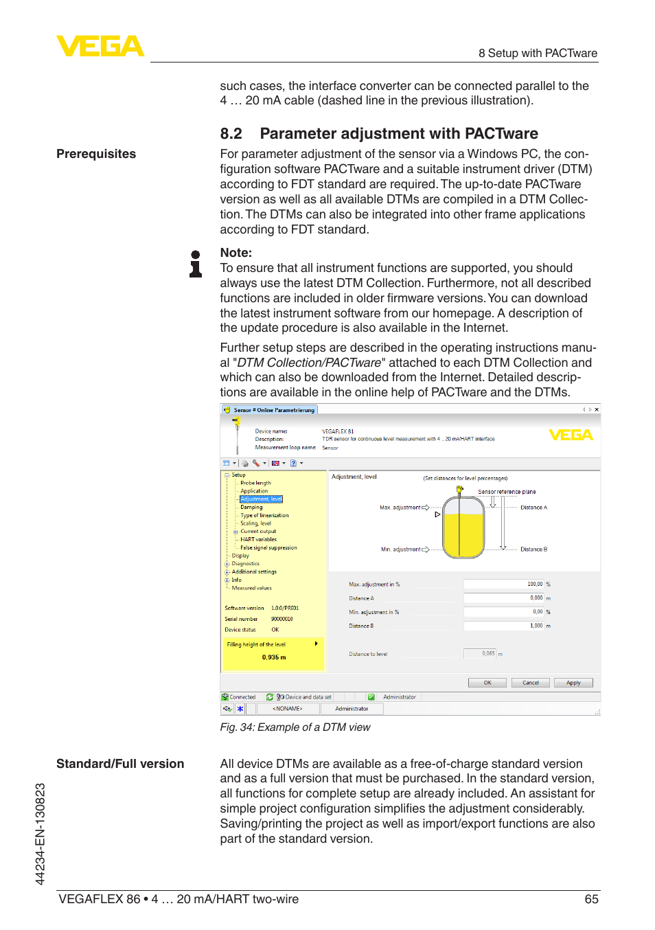 2 parameter adjustment with pactware | VEGA VEGAFLEX 86 4 … 20 mA_HART two-wire Rod and cable probe With SIL qualification User Manual | Page 65 / 104