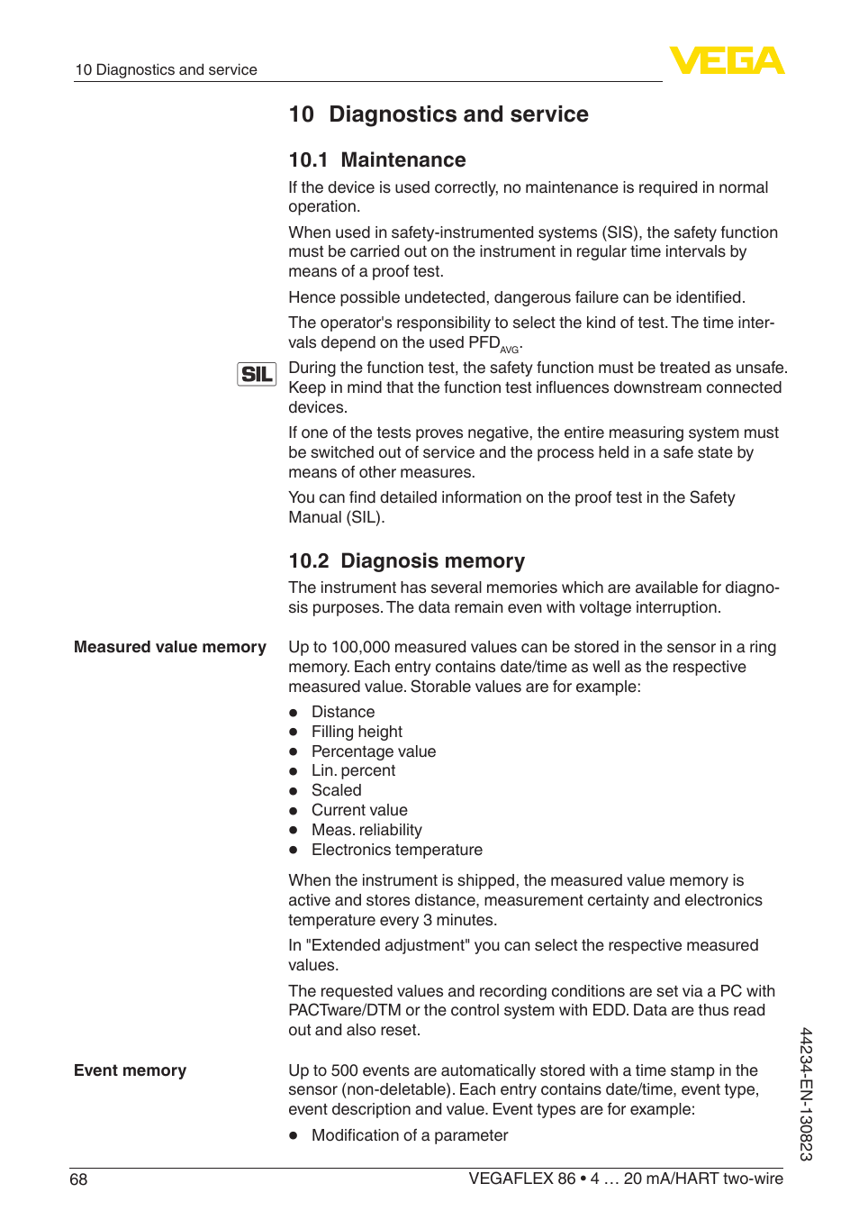 10 diagnostics and service, 1 maintenance, 2 diagnosis memory | VEGA VEGAFLEX 86 4 … 20 mA_HART two-wire Rod and cable probe With SIL qualification User Manual | Page 68 / 104