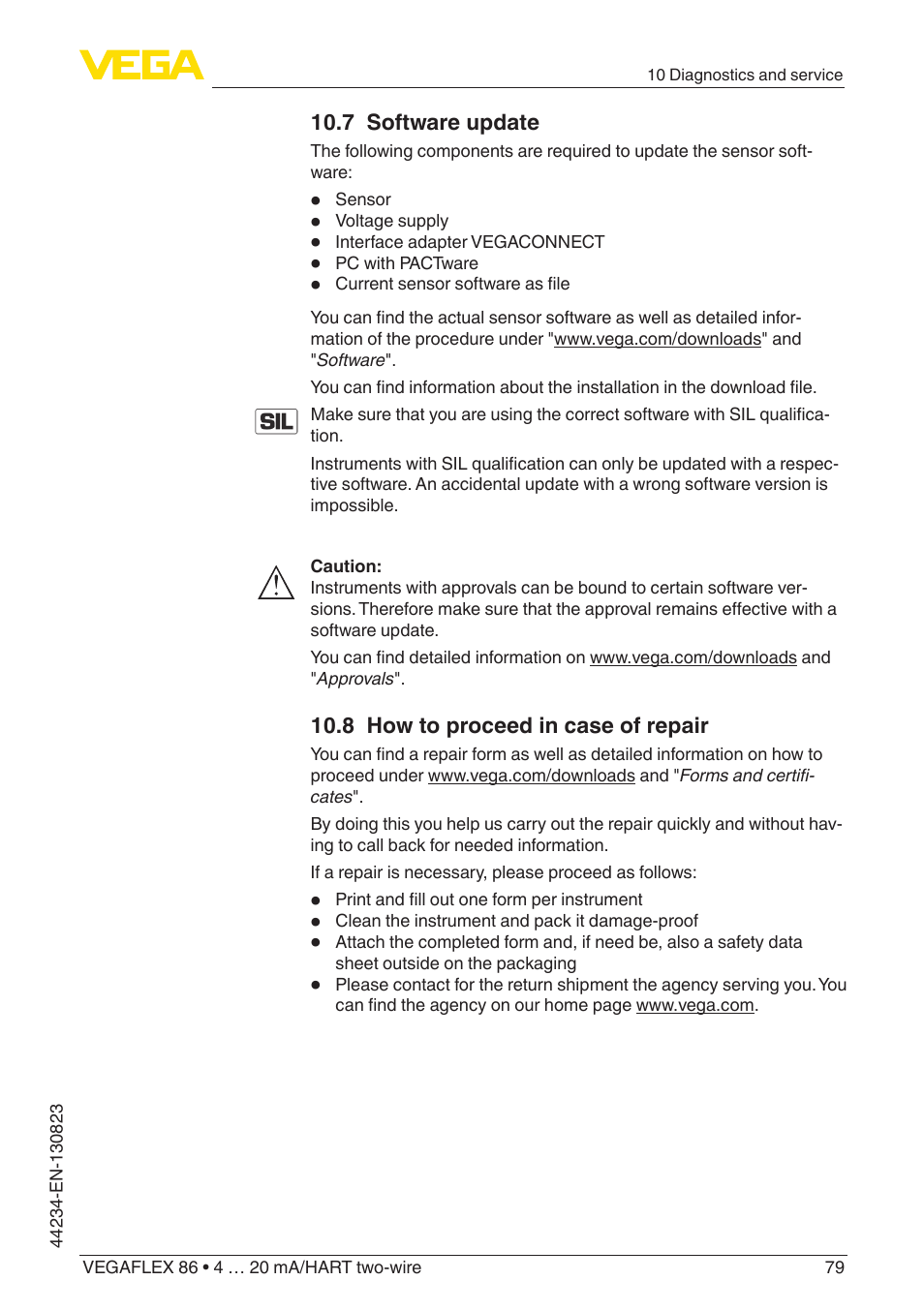 7 software update, 8 how to proceed in case of repair | VEGA VEGAFLEX 86 4 … 20 mA_HART two-wire Rod and cable probe With SIL qualification User Manual | Page 79 / 104