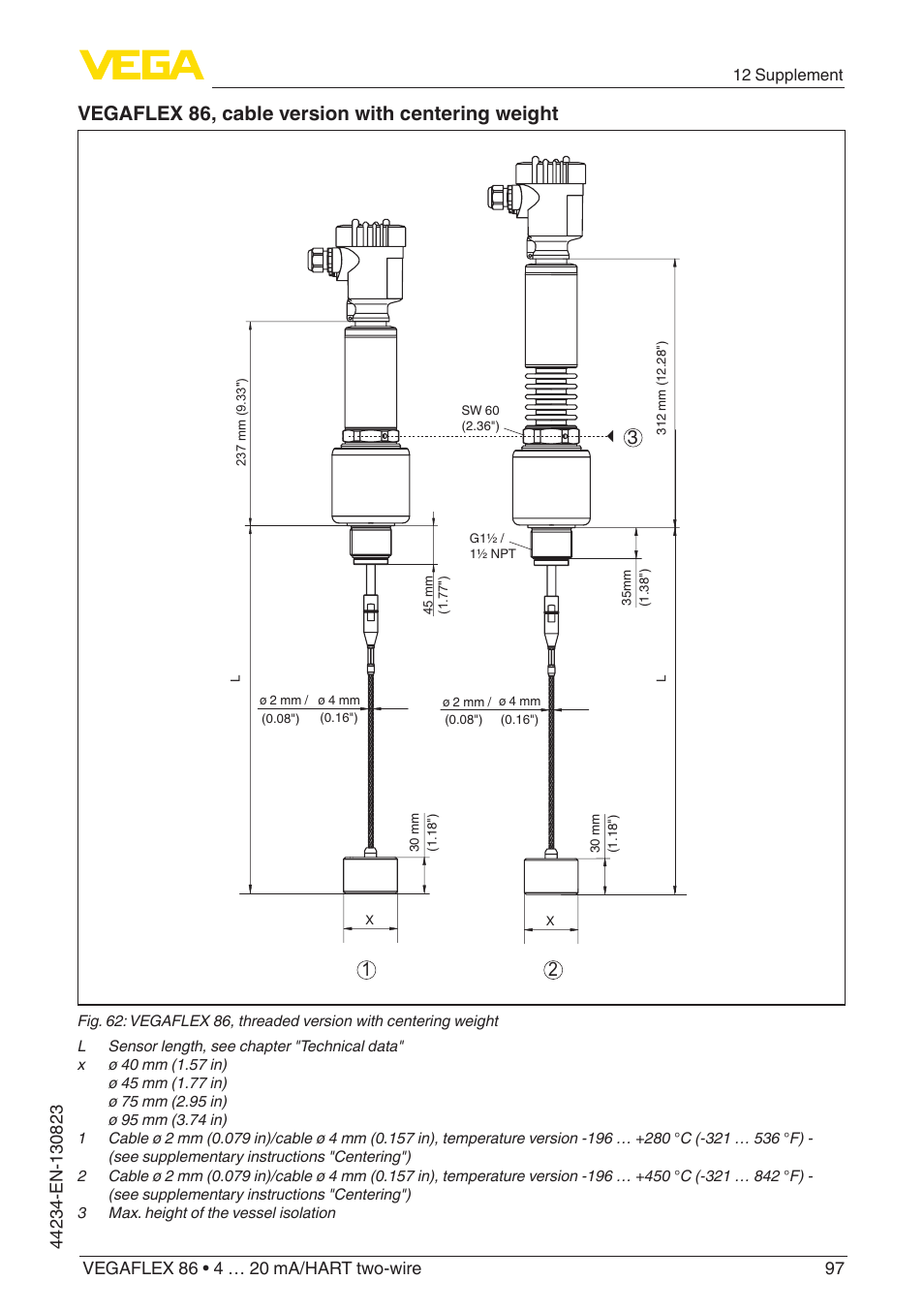 Vegaflex 86, cable version with centering weight | VEGA VEGAFLEX 86 4 … 20 mA_HART two-wire Rod and cable probe With SIL qualification User Manual | Page 97 / 104