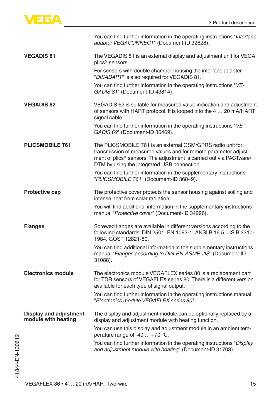 VEGA VEGAFLEX 86 4 … 20 mA_HART two-wire User Manual | Page 15 / 104