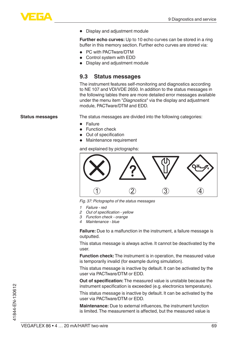 3 status messages | VEGA VEGAFLEX 86 4 … 20 mA_HART two-wire User Manual | Page 69 / 104