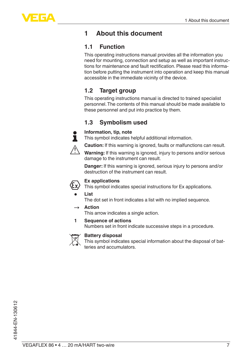 1 about this document, 1 function, 2 target group | 3 symbolism used | VEGA VEGAFLEX 86 4 … 20 mA_HART two-wire User Manual | Page 7 / 104