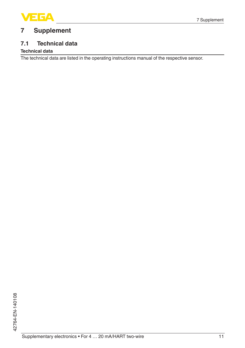 7 supplement, 1 technical data | VEGA Supplementary electronics For 4 … 20 mA_HART two-wire User Manual | Page 11 / 12