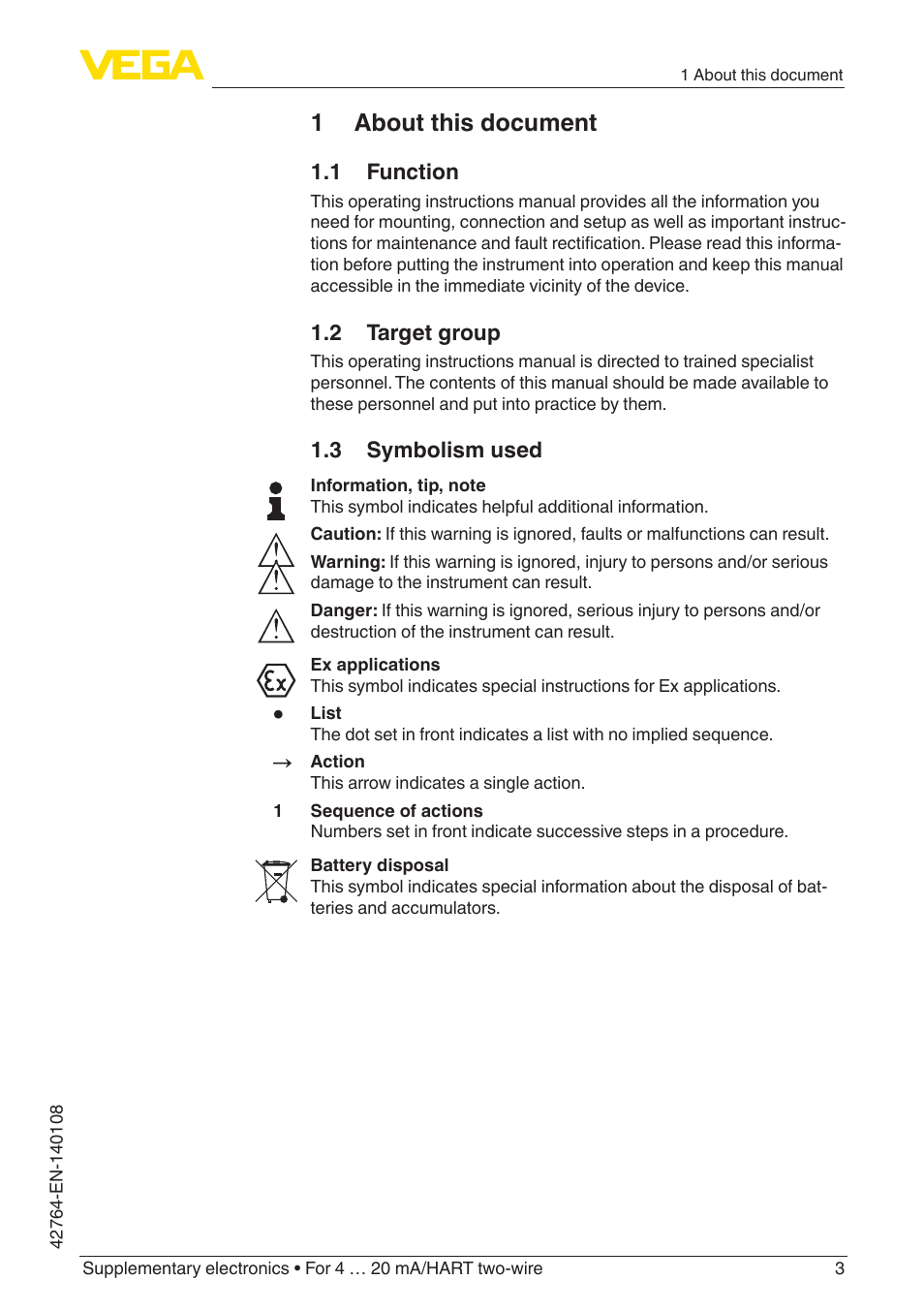 1 about this document, 1 function, 2 target group | 3 symbolism used | VEGA Supplementary electronics For 4 … 20 mA_HART two-wire User Manual | Page 3 / 12