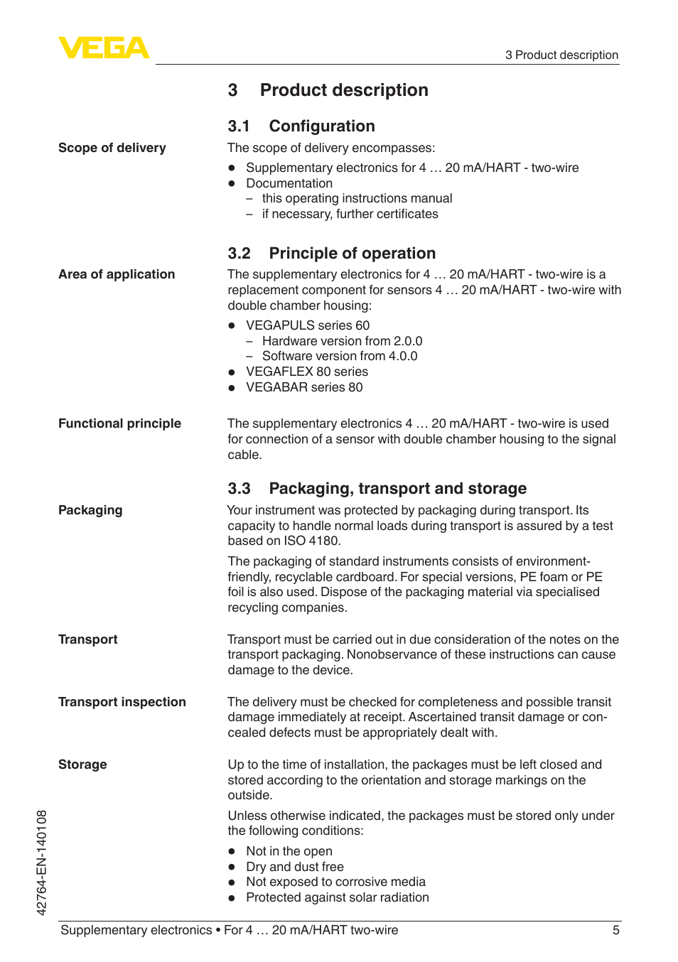 3 product description, 1 configuration, 2 principle of operation | 3 packaging, transport and storage | VEGA Supplementary electronics For 4 … 20 mA_HART two-wire User Manual | Page 5 / 12