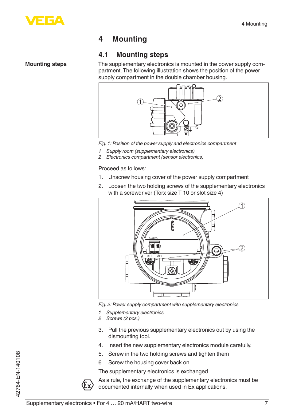 4 mounting, 1 mounting steps | VEGA Supplementary electronics For 4 … 20 mA_HART two-wire User Manual | Page 7 / 12