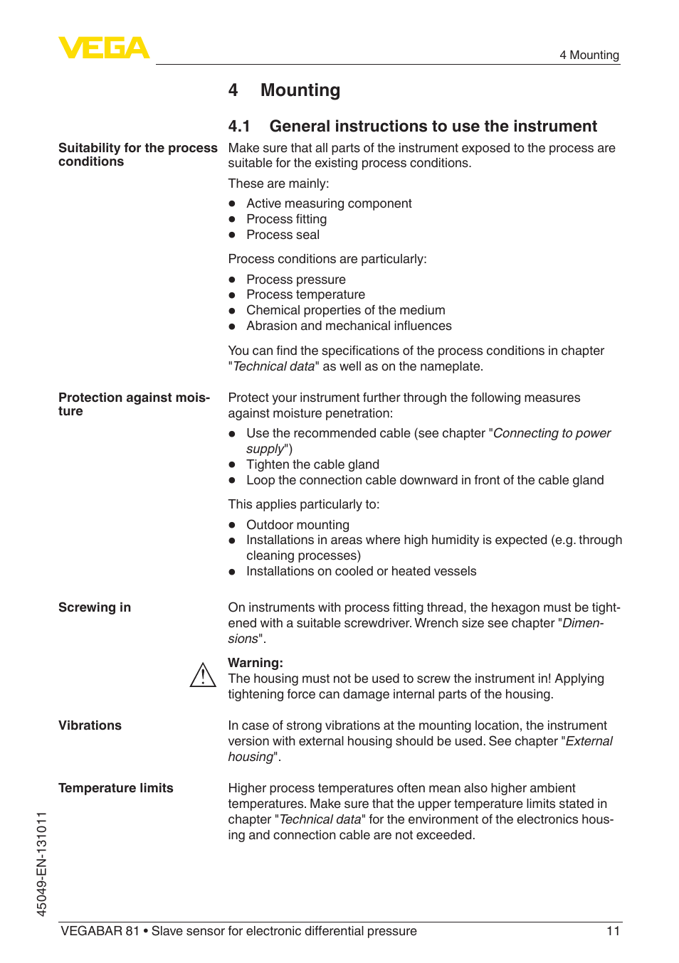 4 mounting, 1 general instructions to use the instrument | VEGA VEGABAR 81 Save sensor - Operating Instructions User Manual | Page 11 / 60