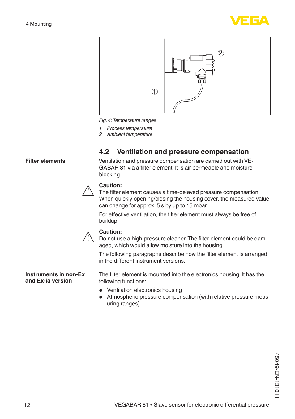 2 ventilation and pressure compensation | VEGA VEGABAR 81 Save sensor - Operating Instructions User Manual | Page 12 / 60