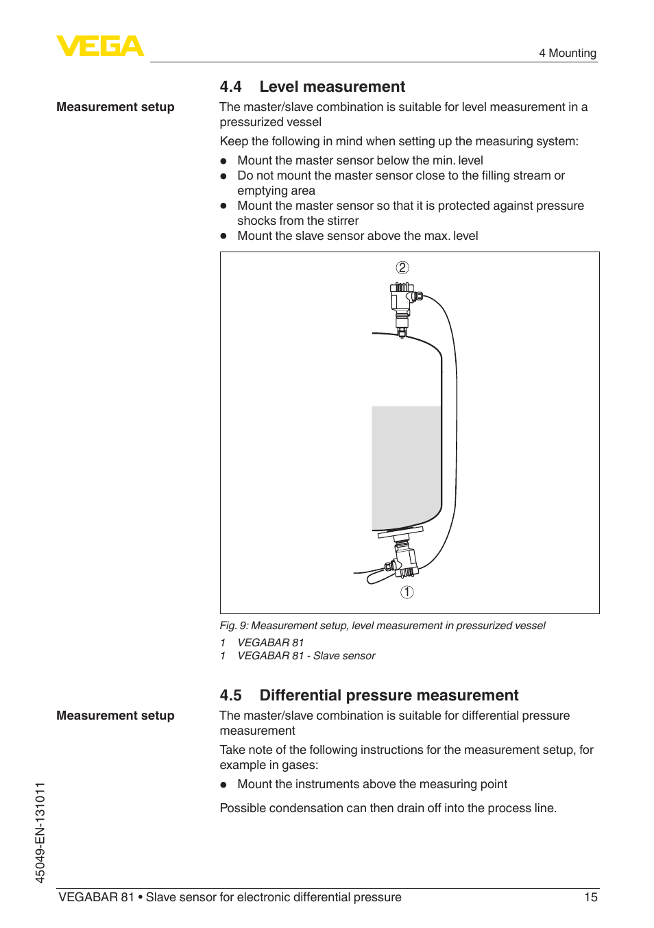 4 level measurement, 5 differential pressure measurement | VEGA VEGABAR 81 Save sensor - Operating Instructions User Manual | Page 15 / 60