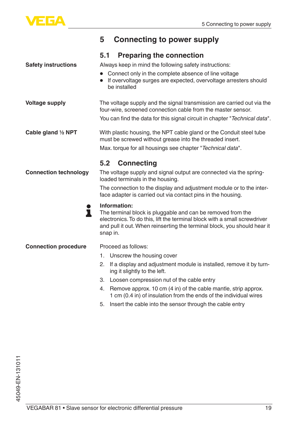 5 connecting to power supply, 1 preparing the connection, 2 connecting | VEGA VEGABAR 81 Save sensor - Operating Instructions User Manual | Page 19 / 60