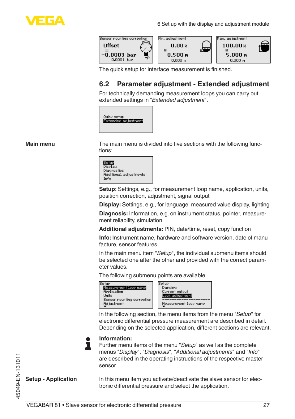 2 parameter adjustment - extended adjustment | VEGA VEGABAR 81 Save sensor - Operating Instructions User Manual | Page 27 / 60