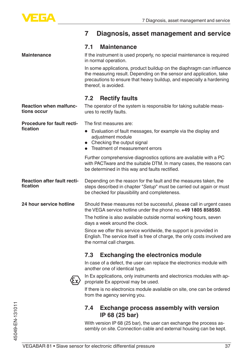 7 diagnosis, asset management and service, 1 maintenance, 2 rectify faults | 3 exchanging the electronics module | VEGA VEGABAR 81 Save sensor - Operating Instructions User Manual | Page 37 / 60