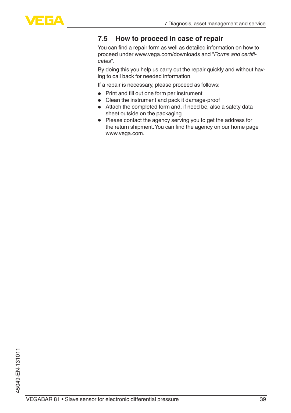 5 how to proceed in case of repair | VEGA VEGABAR 81 Save sensor - Operating Instructions User Manual | Page 39 / 60