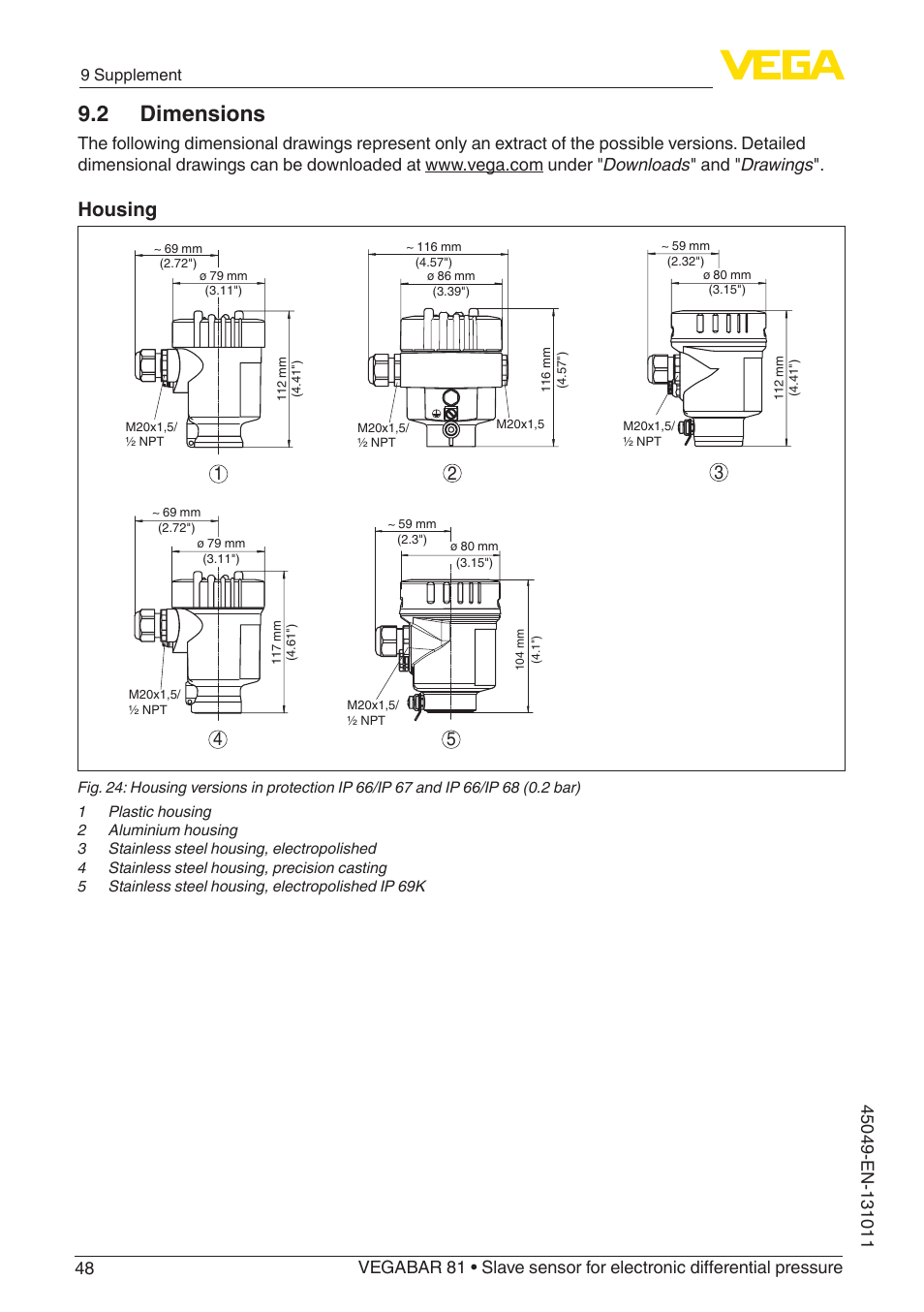 2 dimensions, Housing | VEGA VEGABAR 81 Save sensor - Operating Instructions User Manual | Page 48 / 60