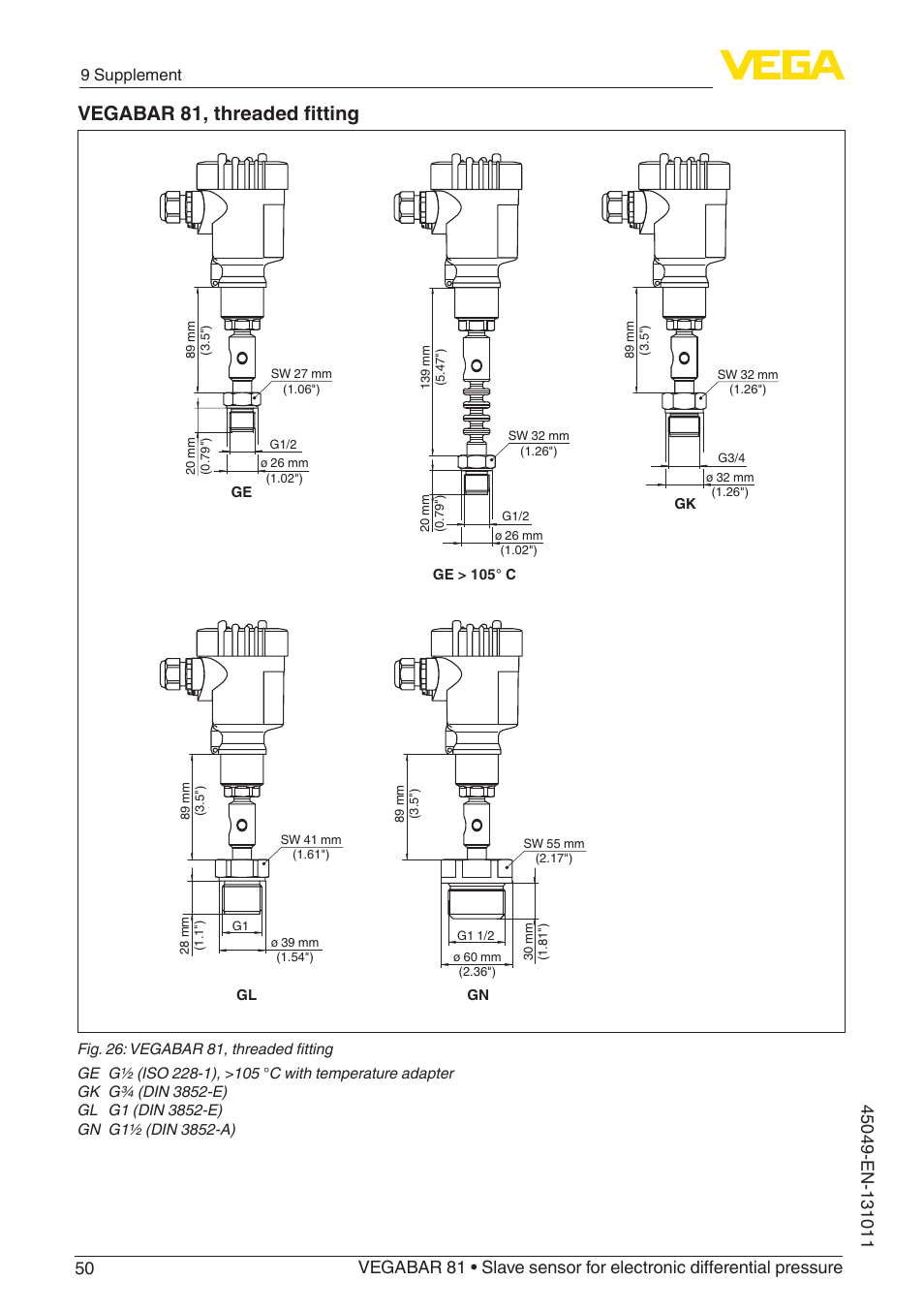 Vegabar 81, threaded fitting, 9 supplement | VEGA VEGABAR 81 Save sensor - Operating Instructions User Manual | Page 50 / 60