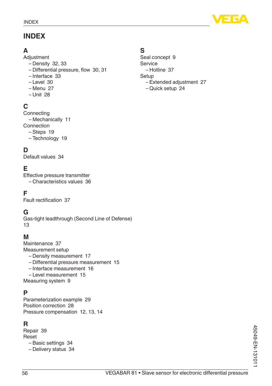 Index | VEGA VEGABAR 81 Save sensor - Operating Instructions User Manual | Page 56 / 60
