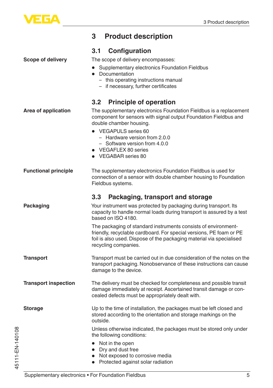 3 product description, 1 configuration, 2 principle of operation | 3 packaging, transport and storage | VEGA Supplementary electronics For Foundation Fieldbus User Manual | Page 5 / 12