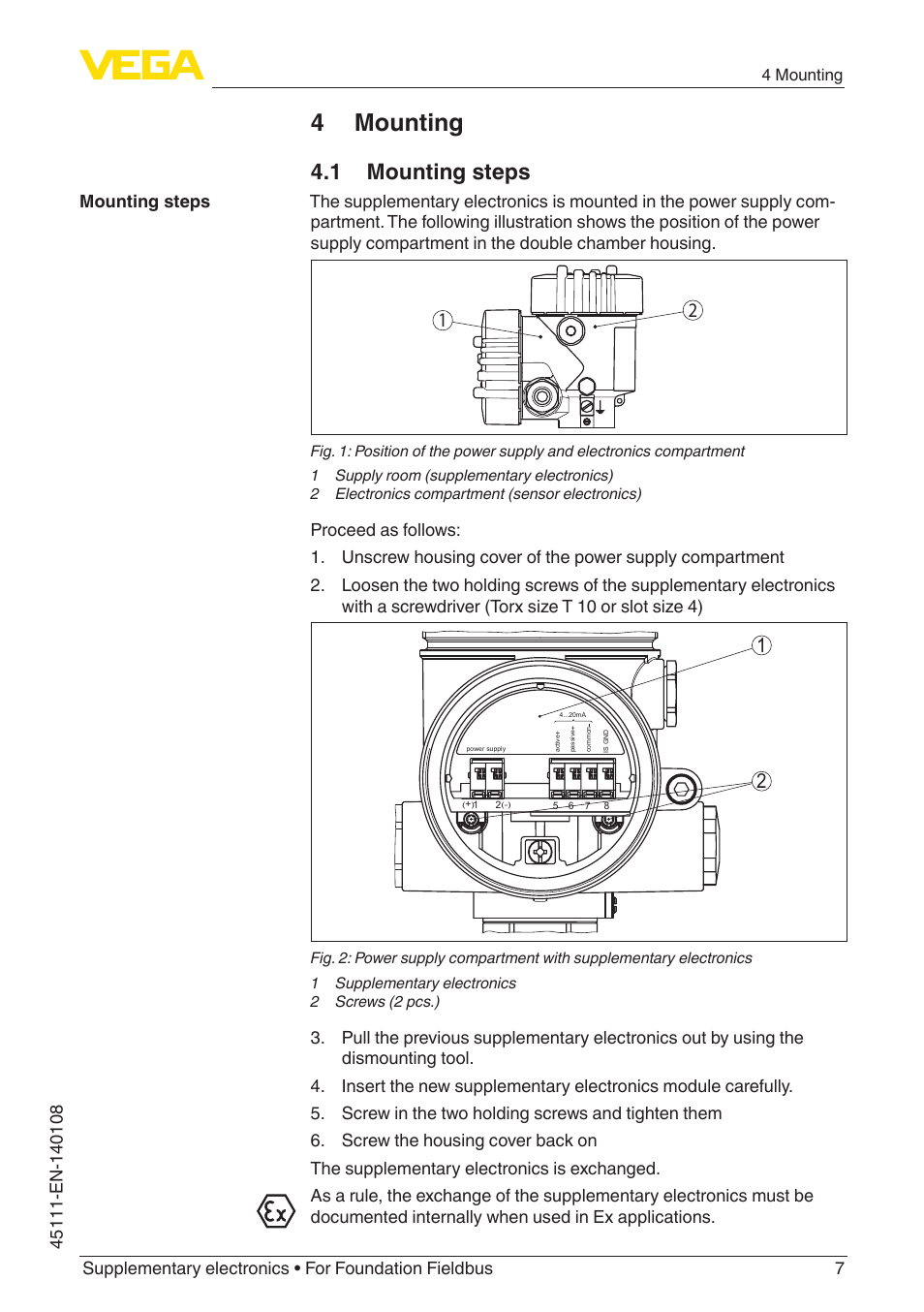 4 mounting, 1 mounting steps | VEGA Supplementary electronics For Foundation Fieldbus User Manual | Page 7 / 12