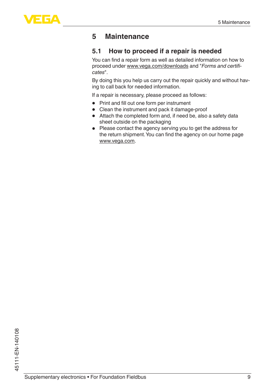 5 maintenance, 1 how to proceed if a repair is needed | VEGA Supplementary electronics For Foundation Fieldbus User Manual | Page 9 / 12