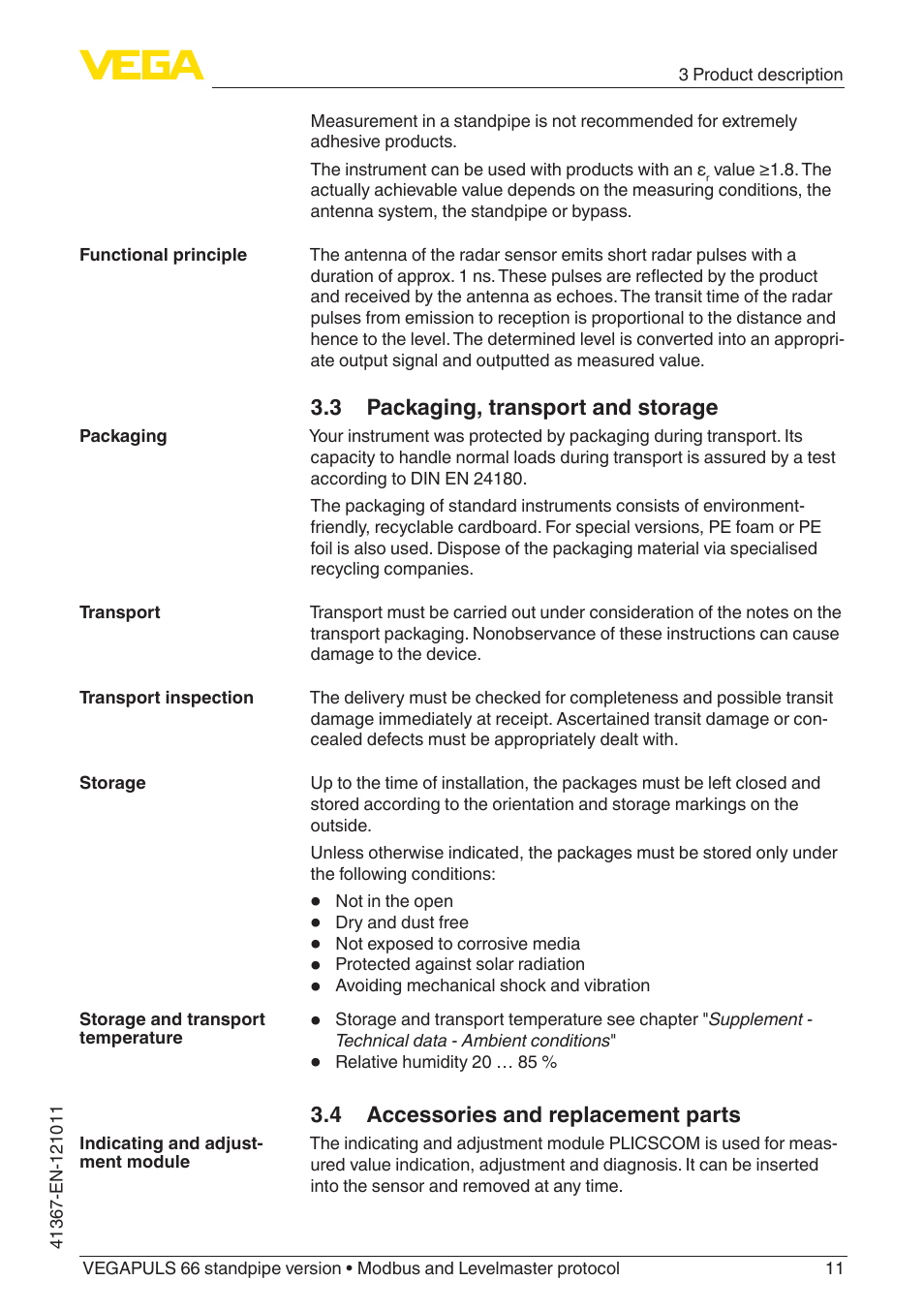 3 packaging, transport and storage, 4 accessories and replacement parts | VEGA VEGAPULS 66 (≥ 2.0.0 - ≥ 4.0.0) standpipe ver. Modbus and Levelmaster protocol User Manual | Page 11 / 68