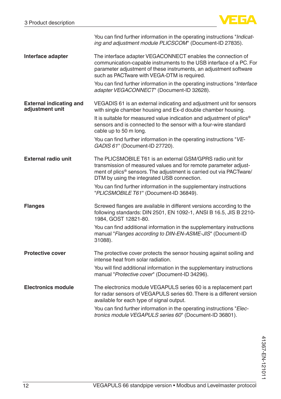 VEGA VEGAPULS 66 (≥ 2.0.0 - ≥ 4.0.0) standpipe ver. Modbus and Levelmaster protocol User Manual | Page 12 / 68