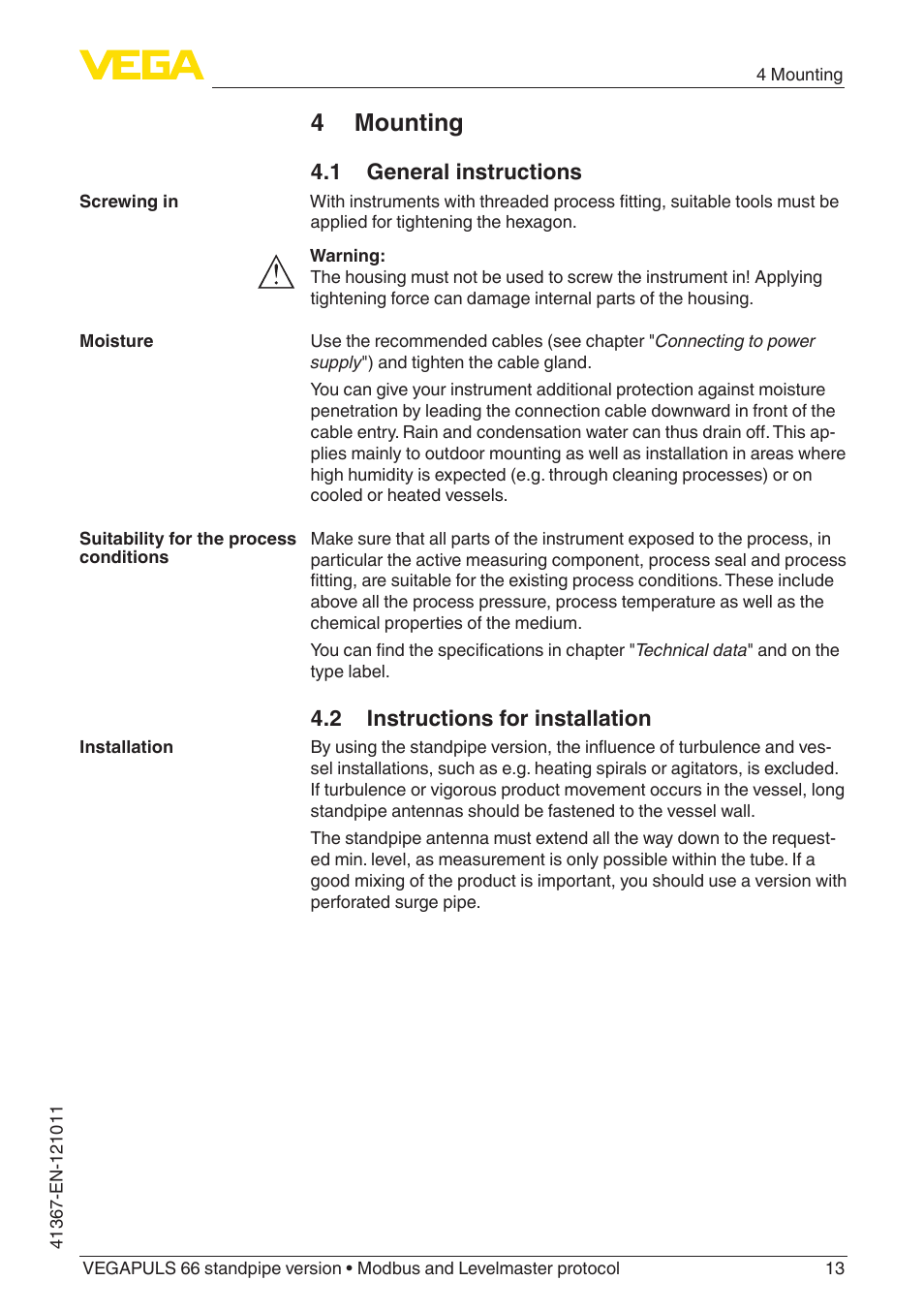 4 mounting, 1 general instructions, 2 instructions for installation | VEGA VEGAPULS 66 (≥ 2.0.0 - ≥ 4.0.0) standpipe ver. Modbus and Levelmaster protocol User Manual | Page 13 / 68