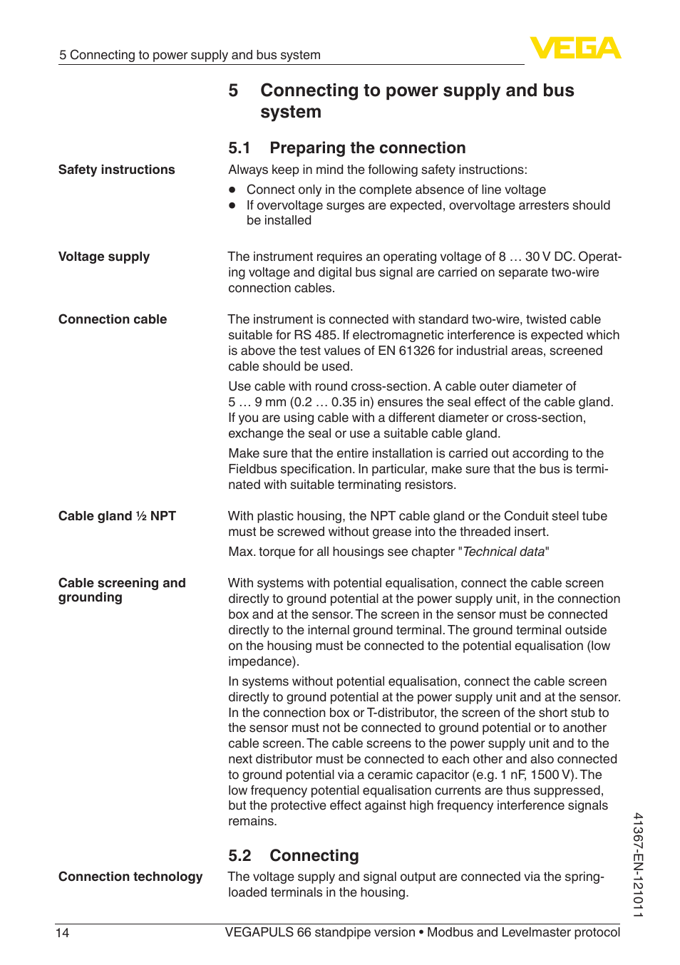 5 connecting to power supply and bus system, 1 preparing the connection, 2 connecting | VEGA VEGAPULS 66 (≥ 2.0.0 - ≥ 4.0.0) standpipe ver. Modbus and Levelmaster protocol User Manual | Page 14 / 68