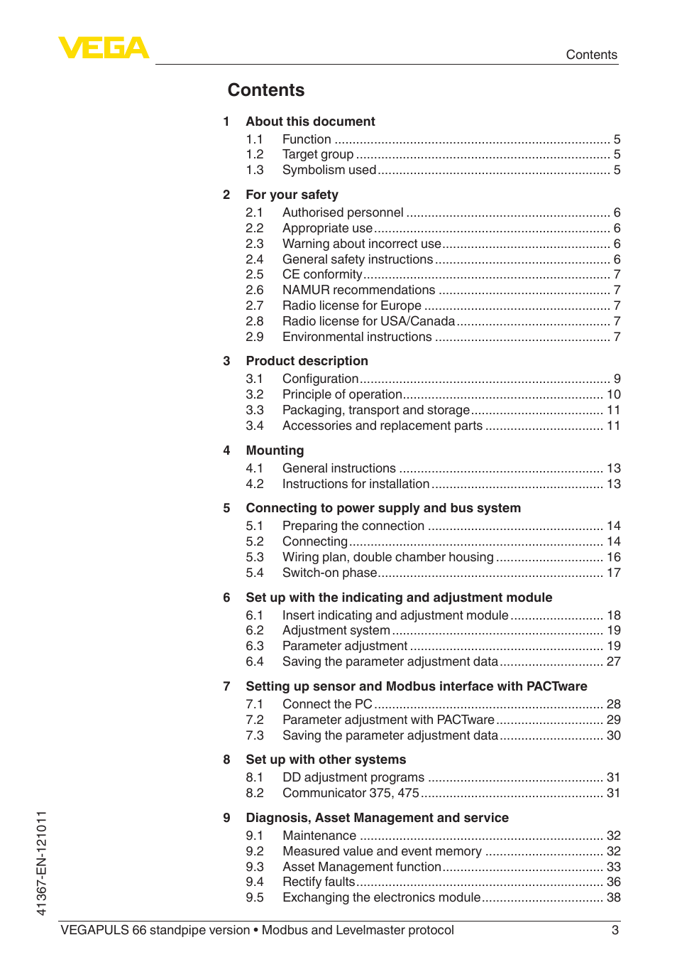 VEGA VEGAPULS 66 (≥ 2.0.0 - ≥ 4.0.0) standpipe ver. Modbus and Levelmaster protocol User Manual | Page 3 / 68