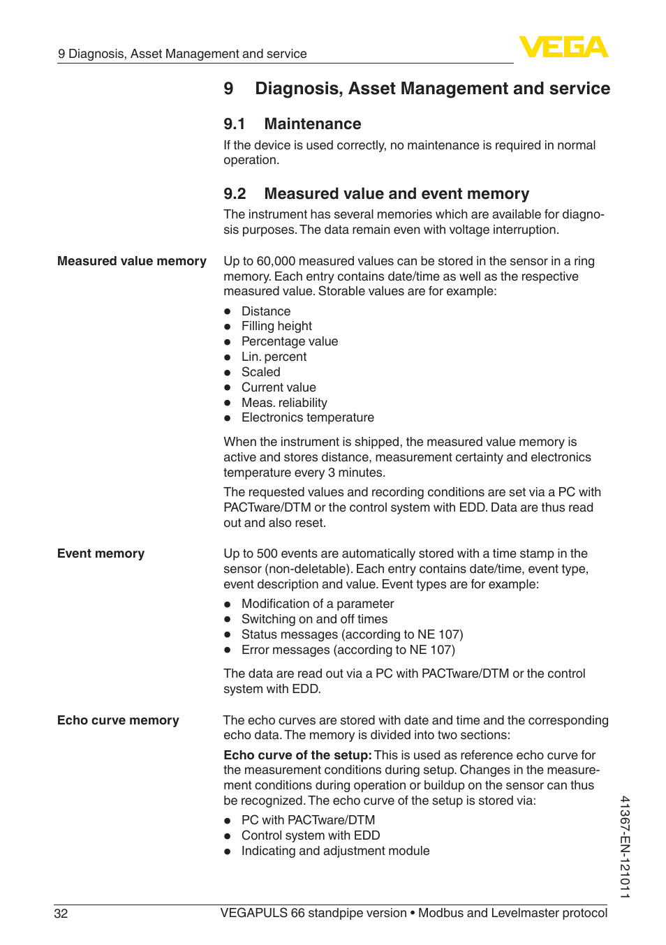 9 diagnosis, asset management and service, 1 maintenance, 2 measured value and event memory | VEGA VEGAPULS 66 (≥ 2.0.0 - ≥ 4.0.0) standpipe ver. Modbus and Levelmaster protocol User Manual | Page 32 / 68