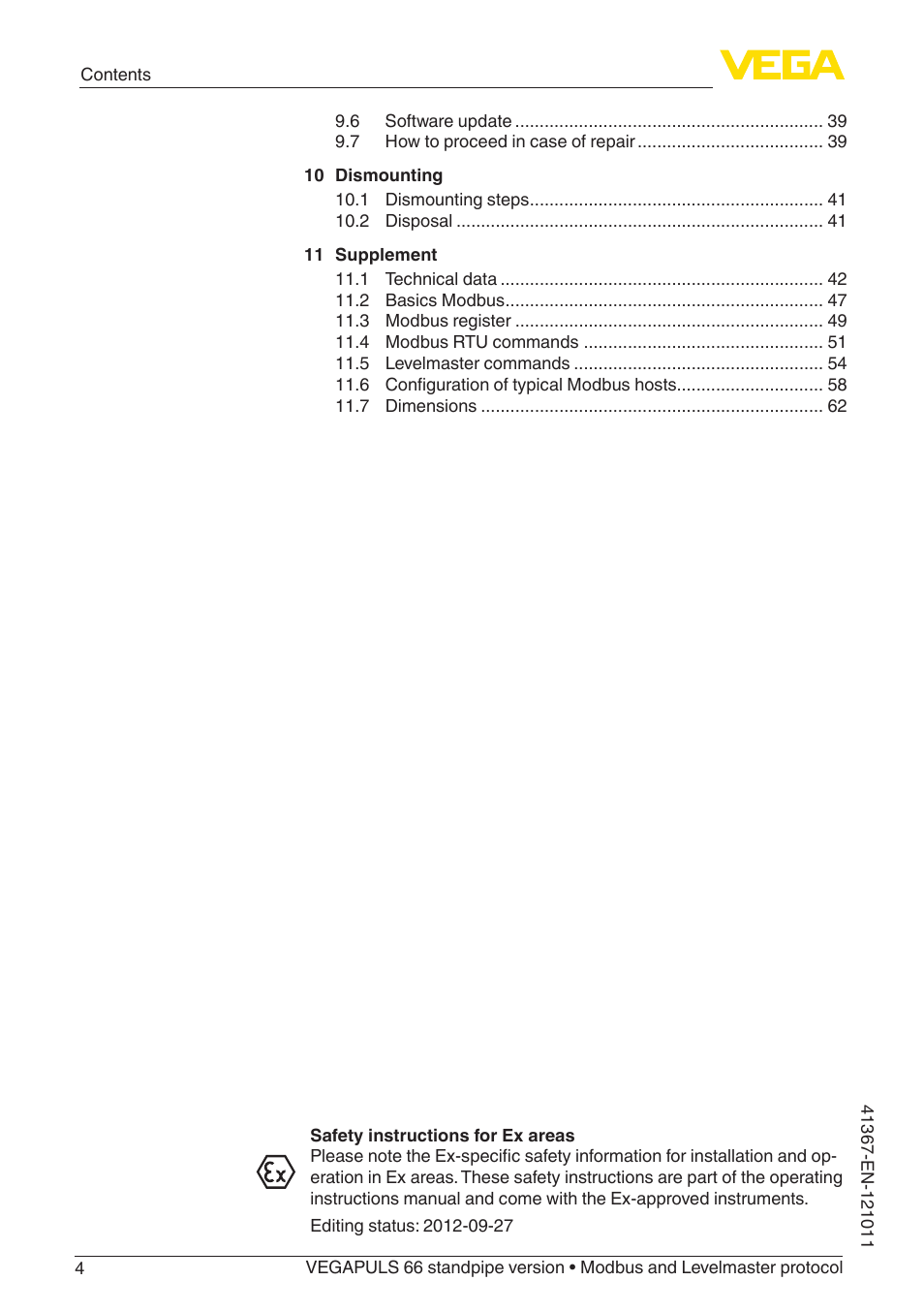 VEGA VEGAPULS 66 (≥ 2.0.0 - ≥ 4.0.0) standpipe ver. Modbus and Levelmaster protocol User Manual | Page 4 / 68
