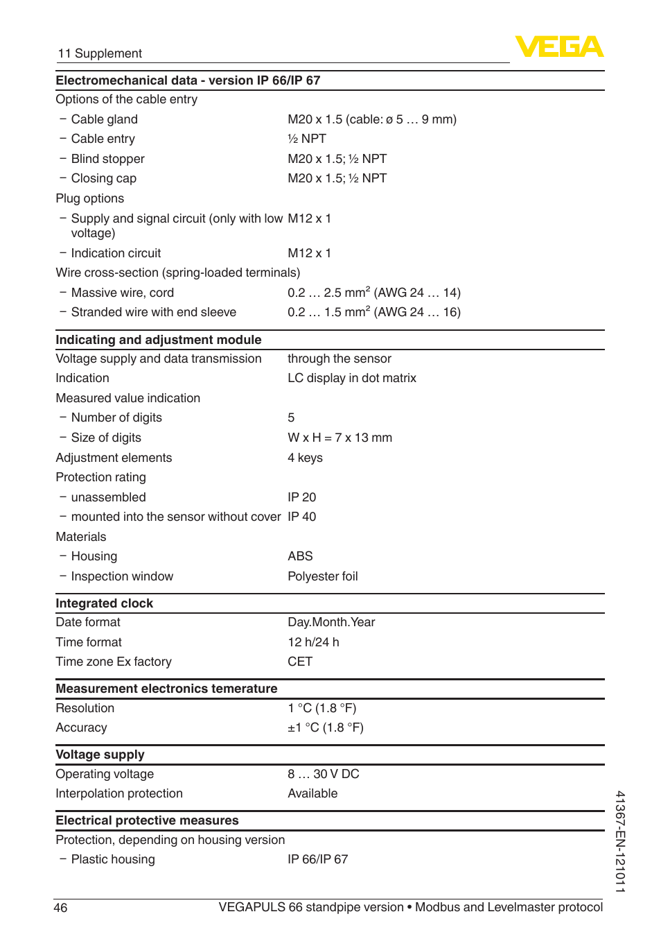 VEGA VEGAPULS 66 (≥ 2.0.0 - ≥ 4.0.0) standpipe ver. Modbus and Levelmaster protocol User Manual | Page 46 / 68
