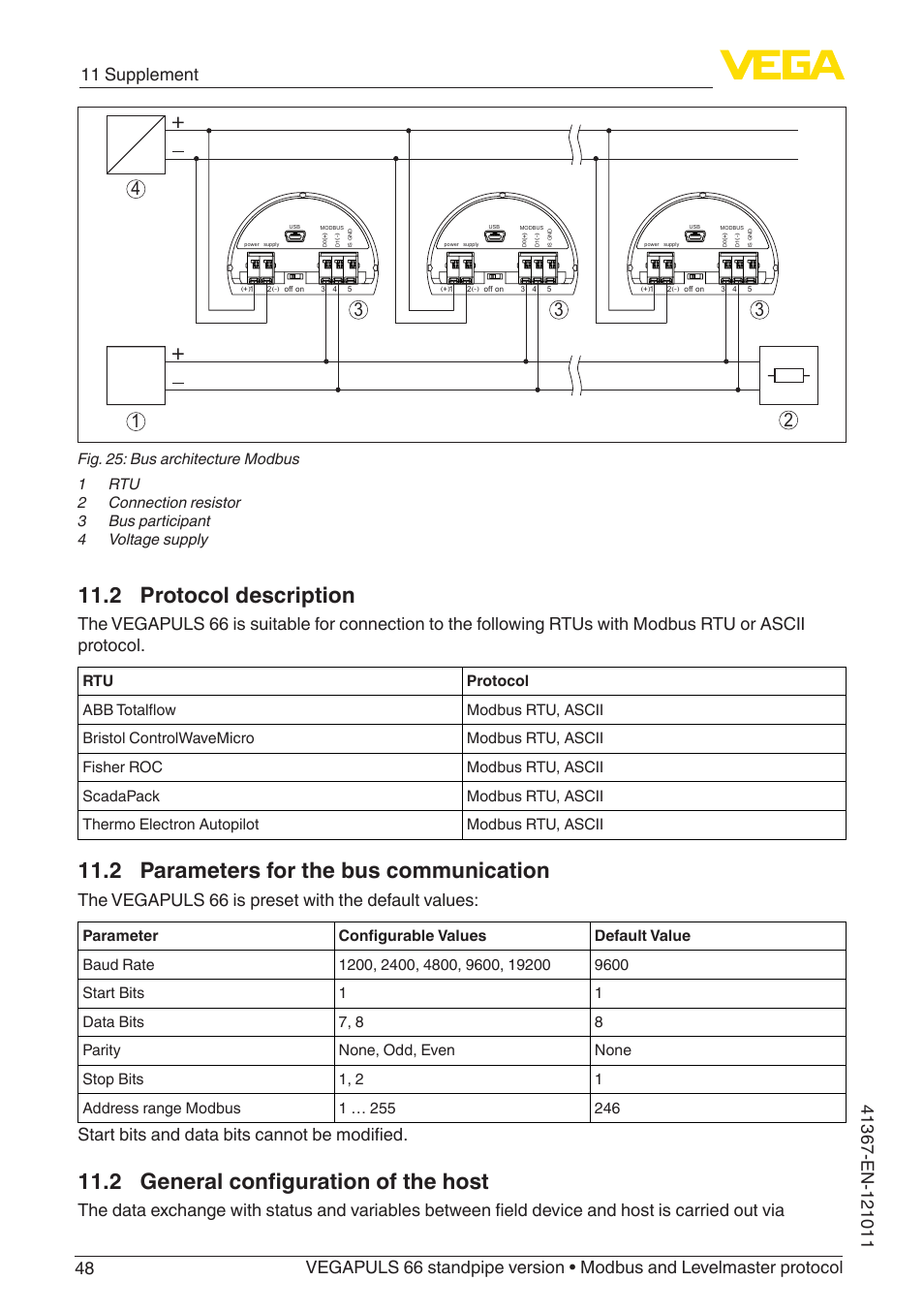2 protocol description, 2 parameters for the bus communication, 2 general configuration of the host | The vegapuls 66 is preset with the default values, Start bits and data bits cannot be modified | VEGA VEGAPULS 66 (≥ 2.0.0 - ≥ 4.0.0) standpipe ver. Modbus and Levelmaster protocol User Manual | Page 48 / 68