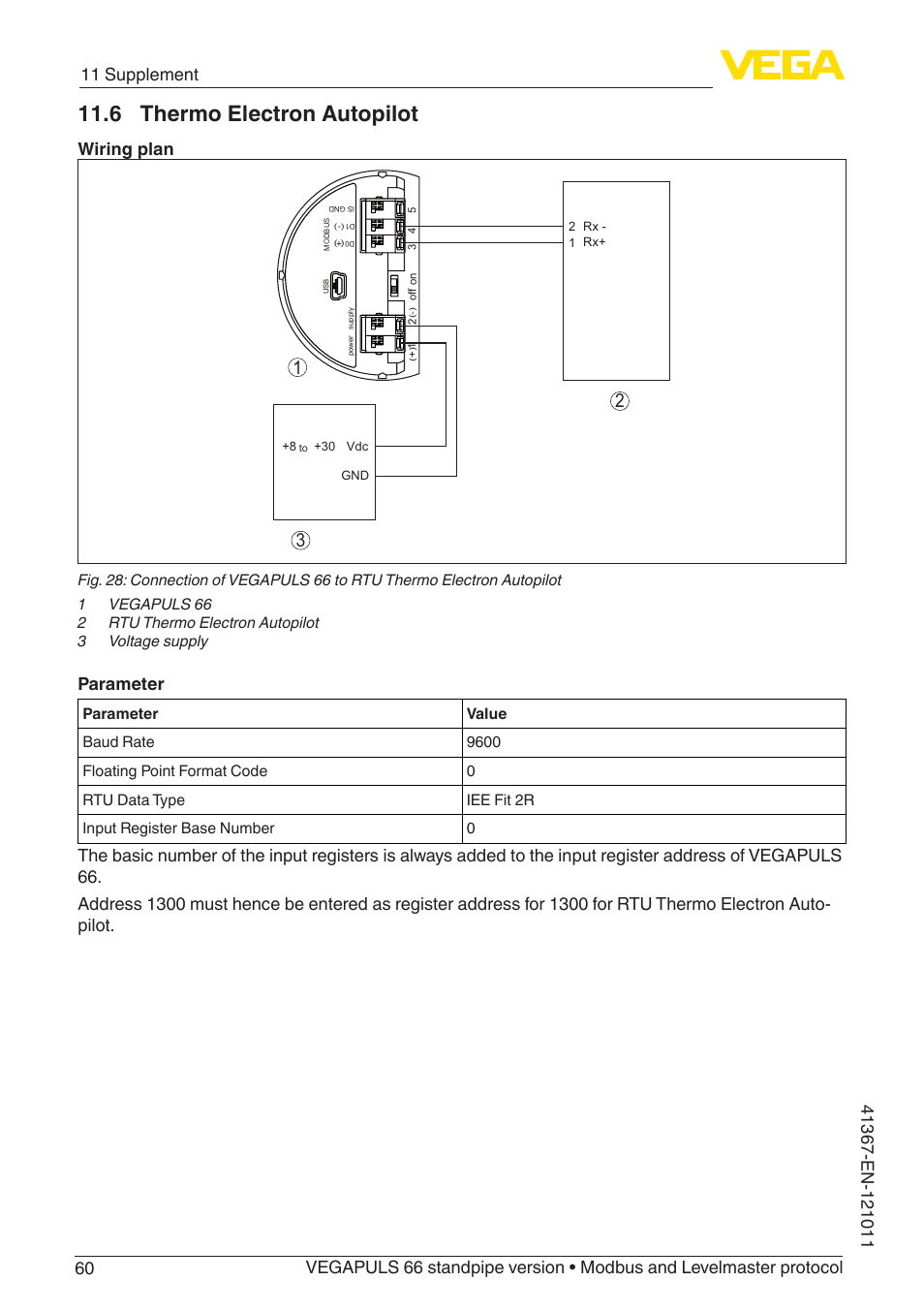 6 thermo electron autopilot, Wiring plan, Parameter | VEGA VEGAPULS 66 (≥ 2.0.0 - ≥ 4.0.0) standpipe ver. Modbus and Levelmaster protocol User Manual | Page 60 / 68