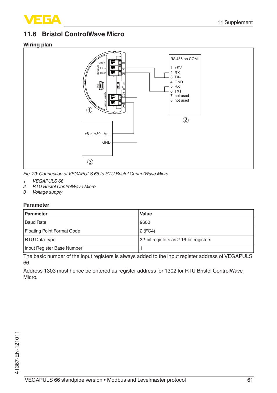 6 bristol controlwave micro, Wiring plan, Parameter | VEGA VEGAPULS 66 (≥ 2.0.0 - ≥ 4.0.0) standpipe ver. Modbus and Levelmaster protocol User Manual | Page 61 / 68