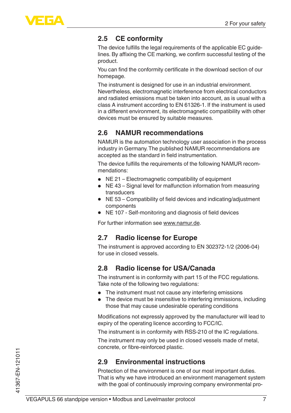 5 ce conformity, 6 namur recommendations, 7 radio license for europe | 8 radio license for usa/canada, 9 environmental instructions | VEGA VEGAPULS 66 (≥ 2.0.0 - ≥ 4.0.0) standpipe ver. Modbus and Levelmaster protocol User Manual | Page 7 / 68