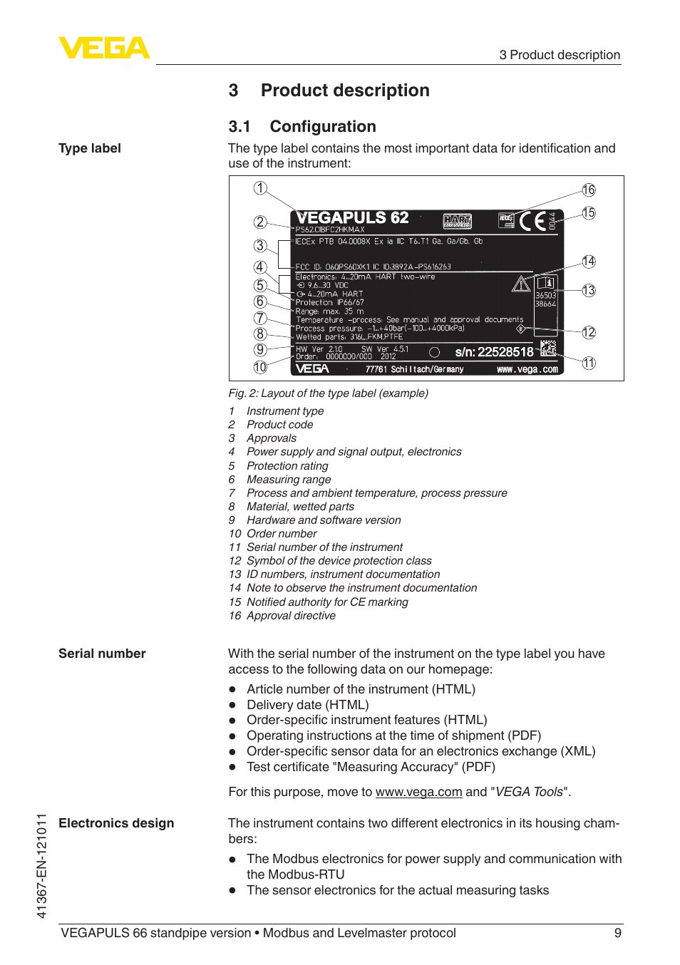 3 product description, 1 configuration | VEGA VEGAPULS 66 (≥ 2.0.0 - ≥ 4.0.0) standpipe ver. Modbus and Levelmaster protocol User Manual | Page 9 / 68