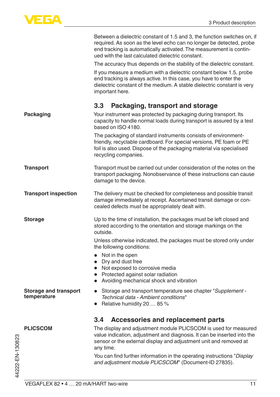 3 packaging, transport and storage, 4 accessories and replacement parts | VEGA VEGAFLEX 82 4 … 20 mA_HART two-wire Rod and cable probe With SIL qualification User Manual | Page 11 / 96